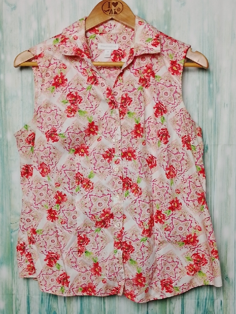 Charter Club Sleeveless Floral Button-Front Top - Pink Size 10